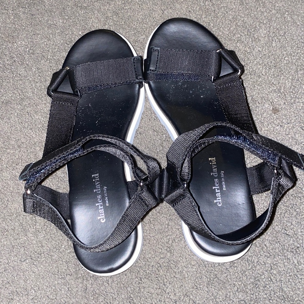 Black Charles David leather low platform sandals size 9